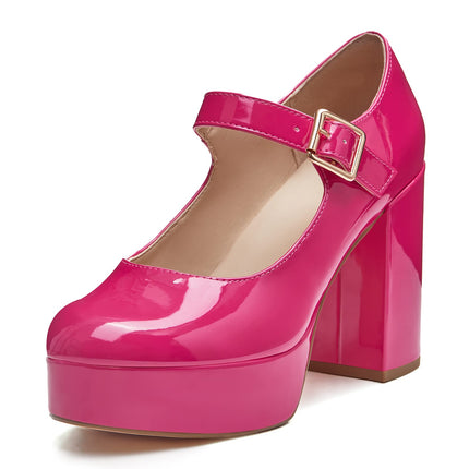 Coutgo Mary Jane Shoes Women Hot Pink Platform Heels Patent Chunky Dress Shoes