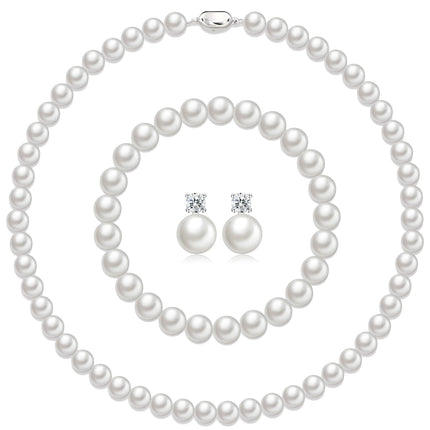 Pttozan Pearl Necklaces for Women,8mm White Pearl Necklace and Earring Bracelet Jewelry Set for Women Men Wedding Birthday Valentine Christmas Day Gifts