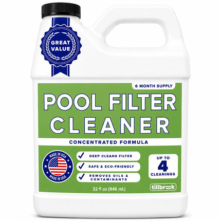 Pool Filter Cleaner - 6 MONTH SUPPLY - 2 to 4 Uses - 32 oz Concentrated Pool Cartridge Filter Cleaner - Removes Dirt, Grease, Oil - No Foam or Residue - Soak & Spray Cleaner - Safe, Natural, Effective