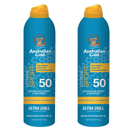 Australian Gold Extreme Sport Continuous Spray Sunscreen SPF 50, 6 Ounce - 2 Pack, Broad Spectrum, Sweat & Water Resistant, Non-Greasy, Vegan, PETA-Approved, Coastal Breeze Scent