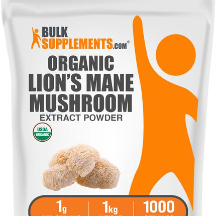 BulkSupplements.com Organic Lion's Mane Mushroom Extract Powder - Lions Mane Supplement Powder, Superfood for Well-Being - Vegan, 1g per Serving, 1kg (2.2 lbs) (Pack of 1)