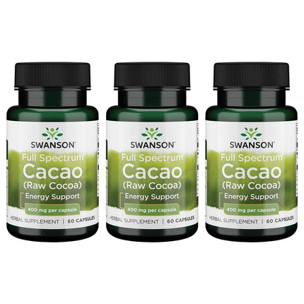 Swanson Full Spectrum Cacao (Raw Cocoa) - Herbal Supplement Promoting Mild Energy Support - Traditional Whole Fruit Formula - (60 Capsules, 400mg Each) (3 Pack)