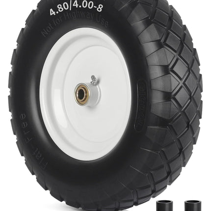 4.80/4.00-8" Wheelbarrow Tire, 16" Flat-Free Solid Tire and Wheel, 3-6" Centered Hub, 5/8" & 3/4" Bearing, For Broadcast Spreader Garden Wagon Cart Trolley Dolly (1 Pack)