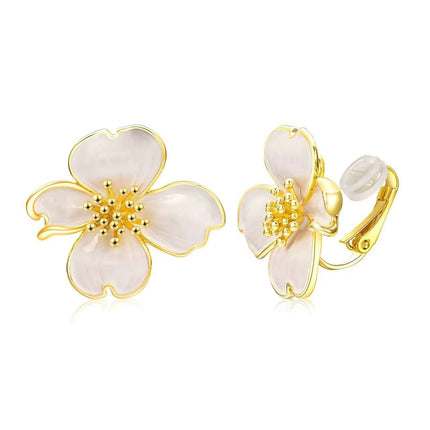 NUOKUN Clip on Earrings Women, 14K Gold Plated Earrings for Sensitive Ears, Fashion Women's Earrings Jewelry Birthday Gift for Wife Grandma Daughter on Christmas Thanksgiving (Sakura Cream Enamel Earrings)