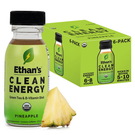 Ethan's Organic Clean Energy Shots Pineapple, 6 Pack of 2oz | 150mg Caffeine | Green Tea, Guayusa, Lion's Mane & Cordyceps | Sugar-Free, Vegan, Gluten-Free, USDA Organic