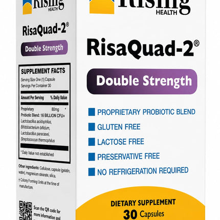 Rising Health RisaQuad-2™ Double Strength Probiotic Capsules – 80mg (16 Billion CFU+) Proprietary Probiotic Blend for Daily Digestive & Gut Health Support | No Need for Refrigeration - 30 Capsules