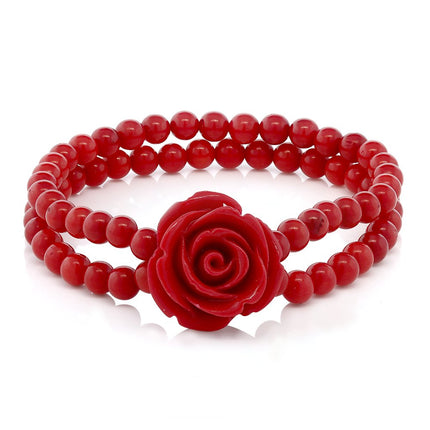 Gem Stone King 7 Inch Red Simulated Coral Bead Rose Flower Stretch Bracelet For Women 5mm