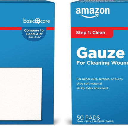 Amazon Basic Care Gauze Pads, 3x3 inches Sterile Medical Wound Dressing Sponges, 12-Ply, Ultra Soft, Extra Absorbent, 50 Count, (Previously All Health) (Pack of 2)