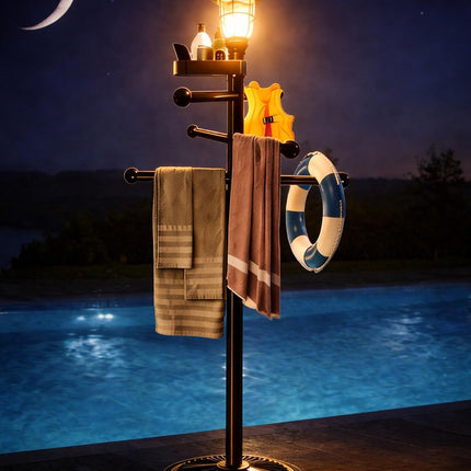i365AMZ Pool Outdoor Towel Rack with Solar Light, 6 Bars with Top Tray Metal Heavy Duty Pool Accessories with Heavy Metal Base, Hot Tub Accessories for Pool and spa