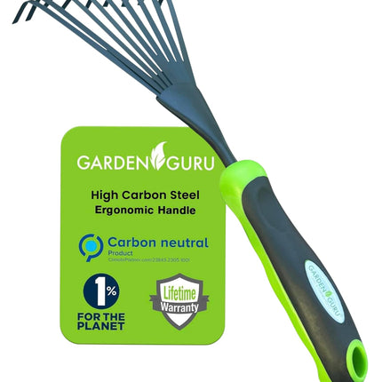 Garden Guru Hand Rake Soil Tiller Tool with Ergonomic Handle – Strong Carbon Steel - Rust Resistant – Great for Gardening, Cultivating, Loosening Soil & Spreading Mulch, Raking Flower Beds