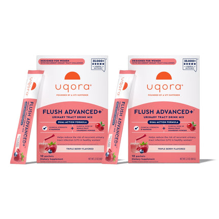 Uqora Flush Advanced+ - Helps Reduce Risk of Recurrent UTI** - with Cranberry, D-Mannose, Vitamin C, Vitamin B6 & Potassium - Gluten-Free & Vegan - Triple Berry Flavor - 20 Packets Total (2 Pack)