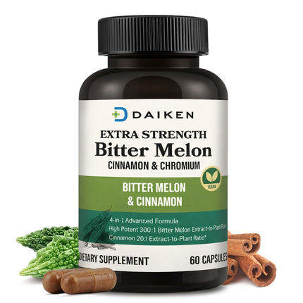 DAIKEN Bitter Melon, Cinnamon & Chromium, 100% Vegetarian Bitter Melon Capsules with Cinnamon Chromium & Zinc, 60 Capsules