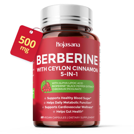 HojaSana 30-Day Supply Berberine 1600mg, Berberine with Ceylon Cinnamon for Blood Sugar, Cholesterol & Metabolism* | Gluten-Free, Non-GMO & Vegan Berberine Supplement | 60 Capsules