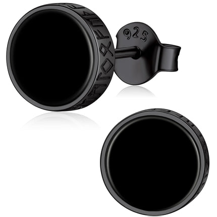 ChicSilver 925 Sterling Silver Earrings for Men, Hypoallergenic 8MM Viking Rune Men's Earring, Natural Black Onyx Mens Stud, Fathers Day Christmas Jewelry