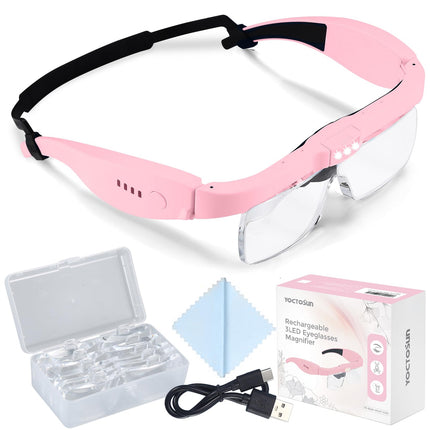 YOCTOSUN Magnifying Glasses with Light, Rechargeable Magnifying Headset with 5 Detachable Lenses 0.75X-4.0X and 3 LED Lights, Hands Free Headband Magnifier for Close Work Hobby Crafts Jewelry