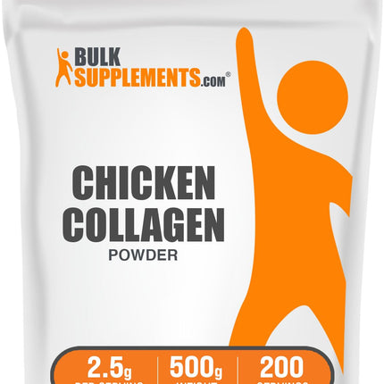 BulkSupplements.com Chicken Collagen Powder - Hydrolyzed Collagen Supplement, for Hair, Skin, & Nails - Unflavored & Gluten Free, 2.5g per Serving, 500g (1.1 lbs) (Pack of 1)