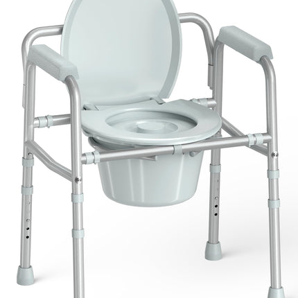 HOMLAND 3-in-1 Bedside Commode Chair with Sturdy Dual-Crossbar Support Construction, Stable Portable Commode Toilet with 7.5Qt Potty Bucket, 350 Lbs Bedside Commodes for Seniors, Silver