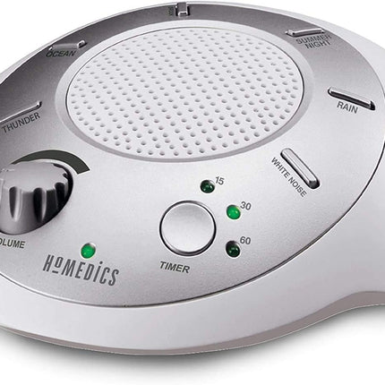 Homedics SoundSleep White Noise Sound Machine, Silver, Small Travel Size with 6 Relaxing Nature Sounds, Portable Therapy for Home, Office, Nursery, Auto-Off Timer