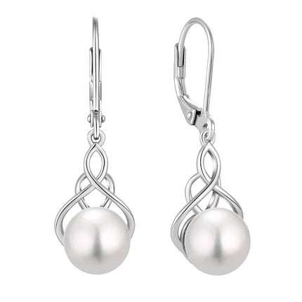 VESHON Celtic Knot Pearl Earrings for Women - 925 Sterling Silver Dangle Leverback Earrings with 9mm Freshwater Pearl Jewelry Gifts, White Gold Plated