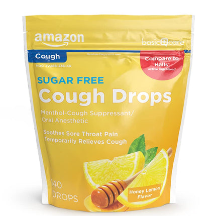 Amazon Basic Care Sugar Free Honey Lemon Cough Drops for Sore Throat Relief, Soothes Cough, 140 Count (Compare to Halls)