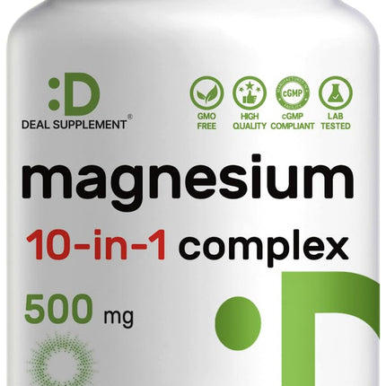 Magnesium Complex 500mg, 240 Veggie Capsules – 10-in-1 Glycinate, Citrate, Malate, Oxide, & More – 100% Chelated for Easy Absorption – Essential Mineral Supplement – Non-GMO