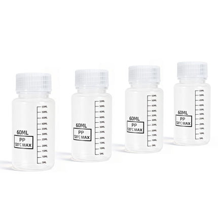 DEMORA Plastic Bottles with Airtight Caps 2oz/60ml, Food Grade Wide Mouth Liquid Containers, Reusable PP Graduated Measuring Bottles for Water Sample Lab Reagent Liquids Mixing (Clear, 4 Pcs)
