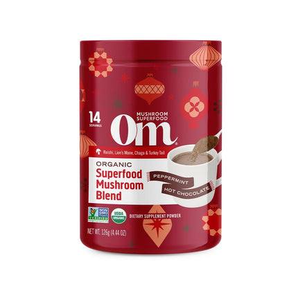 OM Mushroom Superfood Peppermint Hot Chocolate Blend – Cocoa Mushroom Powder with Lion's Mane, Reishi, Chaga & Turkey Tail – Immune Health, Focus & Stress Support – 4.44 oz Canister (14 Servings)