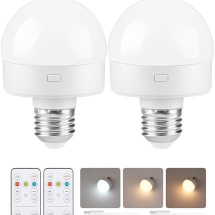 GOEBLESON Rechargeable Light Bulbs with Remote Control 2 Packs, Battery Operated Light Bulbs with Timer & 3 Color Temperature, Detachable Wireless LED Bulb for Lamp, E26 Base, Non-Hardwired, W01YBP206