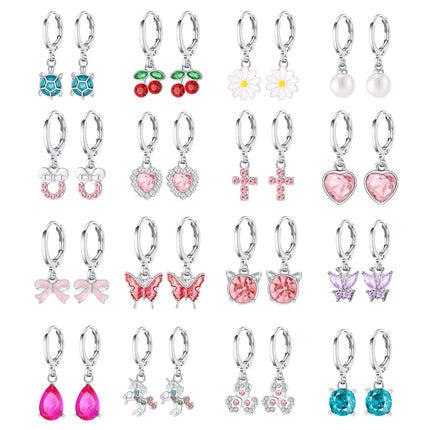 16 Pairs Hypoallergenic Silver Dangle Hoop Earrings for Girls Teens Kids Cute Girls Earrings Animal Small Hoop Earrings Set Pink Jewelry