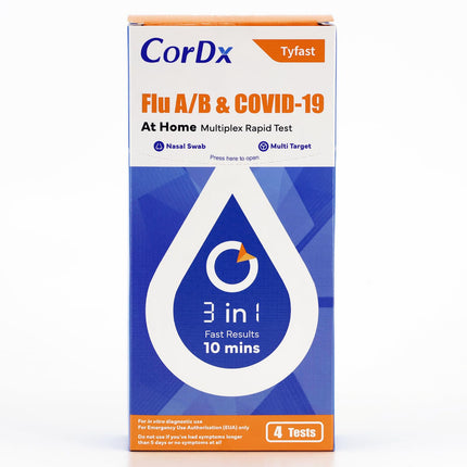 CorDx TyFast Flu A/B & COVID-19, At home 3-in-1 Rapid Test Kit, 4 Tests