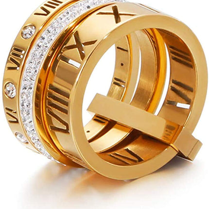 Jarlinwel Stainless Steel CZ Zirconia Roman Numeral Ring For Women Stacking Thumb 3 in 1 Spinner Rings (Gold, 8 Runs small)