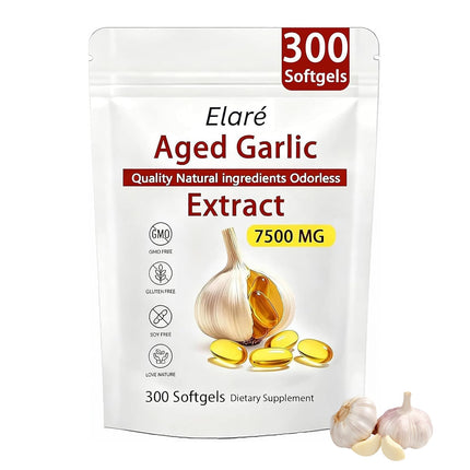 Elare Aged Garlic Extract - 300 Count Odorless Organic Garlic Supplement for Heart & Immune Support, 2 Years Aged Garlic Extract, Vegetarian, Non-GMO, All-Natural, Antioxidant Wellness