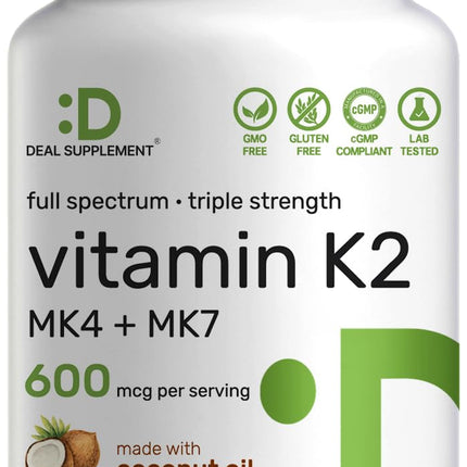 DEAL SUPPLEMENT Vitamin K2 Supplement 600mcg, 180 Coconut Oil Softgels | Full Spectrum High Absorption MK-7 & MK-4 Forms | Bone, Joint, & Immune Support – Non-GMO