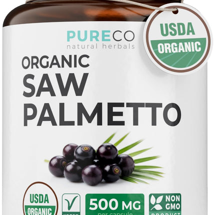 PURE CO USDA Organic Saw Palmetto Supplement - Organic Saw Palmetto for Women & Men's Urinary Tract Prostate & DHT Blocker for Women - Whole Berries - Vegan Non-GMO & Lab Verified (4 Month Supply)