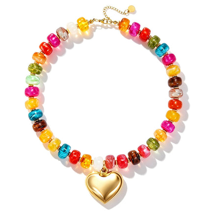 Lmzpjzml Chunky Colorful Beaded Necklaces for Women Big Bead Boho Choker Necklace Trendy Heart Statement Necklace Summer Beach Jewelry