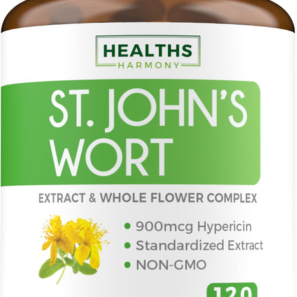 St John's Wort Capsules - Powerful & Potent Saint John's Wort Extract & Whole Herb Complex Standardized to 900mcg Hypericin for Balancing Daily Mood Support - Vegan Non-GMO & Lab Verified (120 Caps)