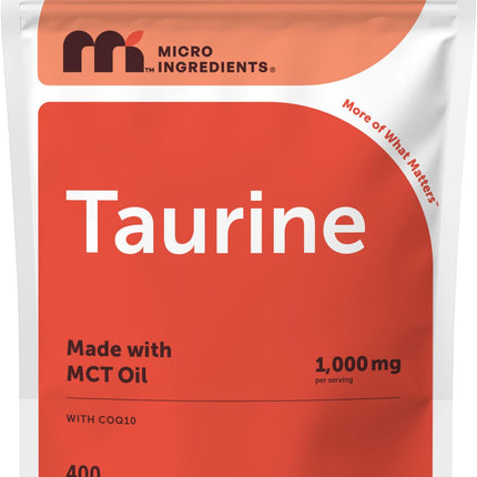 Micro Ingredients Taurine 1,000 mg with Coq10 | Free-Form Taurine Supplement with MCT Oil | Amino Acids for Exercise Energy & Heart Support* | 400 Softgels, Non-GMO