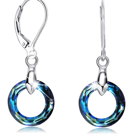 925 Sterling Silver Circle Earrings Austrian Crystal Leverback Earrings Jewelry Dangle Drop Earrings for Women (Bermuda Blue Crystal Earrings)