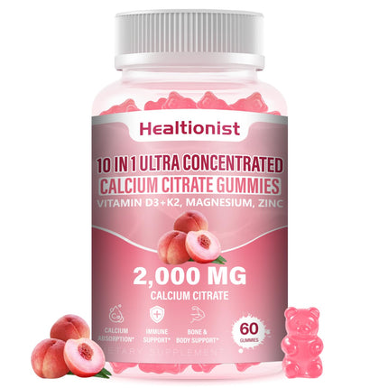 Healtionist 1 Packs 2000mg Calcium Citrate with Vitamin D3 K2 Supplements Gummies for Women & Men, Magnesium, Zinc, High Absorption, Bone, Muscle & Immune Support, 60 Counts Peach Flavor Gummies