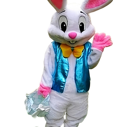 To.beone Easter Bunny Mascot Costume with Blue Vest and Yellow Bow Tie, Adult Size Rabbit Character Suit for Events and Parties