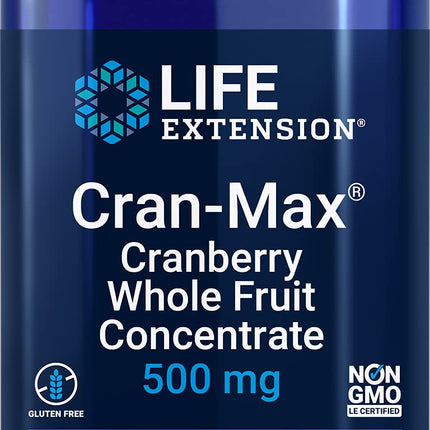 Life Extension Cran-Max®, 500 mg, cranberry whole fruit concentrate, promotes urinary tract health with powerful antioxidants, gluten-free, vegetarian, non-GMO, 60 capsules
