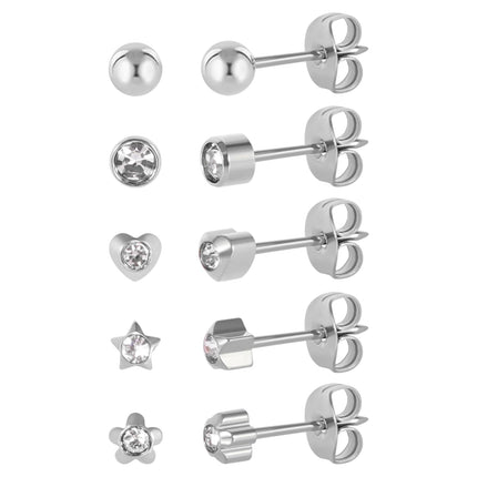 5 Pairs G23 Titanium Ear Piercing Stud Earrings for Sensitive Ears, Cubic Zirconia Stud Earrings Set for Ear Piercing Guns (Silver)