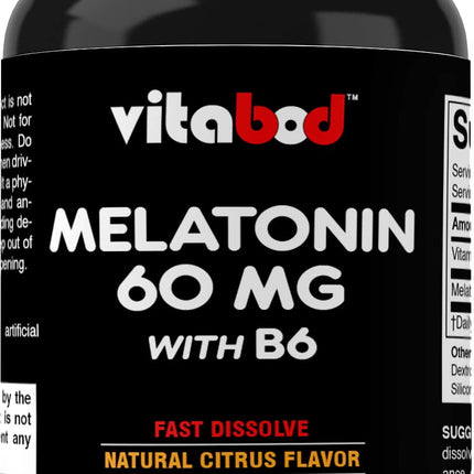 Vitabod Melatonin 60 mg with Vitamin B6 – 120 Fast Dissolve Tablets Extra-Strength Sleep Support – Drug-Free – Natural Citrus Flavor – Vegetarian, Non-GMO, Gluten-Free