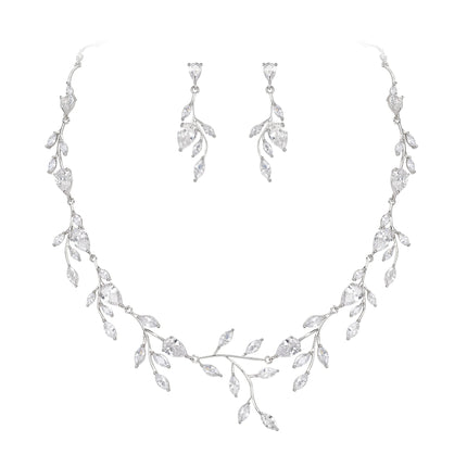 Clear Cubic Zirconia Leaf Vine Wedding Prom Jewelry Set for Bride Women