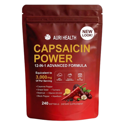 Auri Health Capsaicin Softgels Cayenne Pepper Capsules, Cayenne Pepper Softgels, with Vitamin E, D3+K2, Grape Seed, Hawthorn, Beet Root & Berberine Extracts 240 softgels