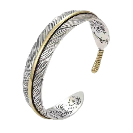 Innocence S925 Silver-Plated Antique Wide Feather Cuff Bracelet For Men Women Adjustable Retro Twisted Feathers Bracelets Gift Jewelry (Feather)