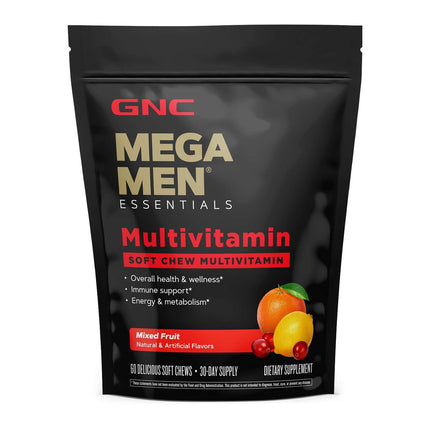 GNC Mega Men Soft Chew Multivitamin for Men | Energy & Metabolism Support | Gluten Free | Mixed Fruit | 60 Count