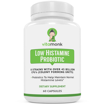VitaMonk Low Histamine Probiotics Fight Histamine Intolerance and Support Balanced Gut Health - Histamine Free Probiotic for Those Seeking Health Improvements with Histamine Control -60 Capsules