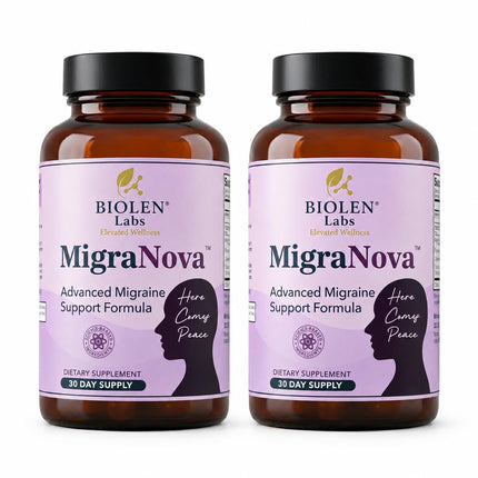 MigraNova - Migraine Relief & Daily Prevention for Migraine Sufferers - Magnesium & Riboflavin B2 + NeuroCalm Blend with Feverfew, CoQ10 & Ginger, Vegan, USA Made, 120 Capsules