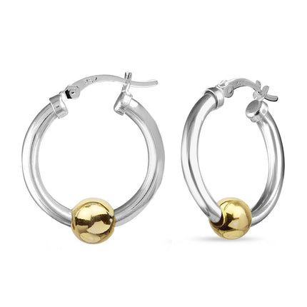LeCalla 925 Sterling Silver Cape Style Hoop Earrings | 14K Gold-Plated Two-Tone Ball High Polish Beaded Click-Top Hoop Earrings for Women - 25mm